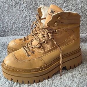 Sam Edelman Kace Platform Hiker Boots Lug Sole Leather Lace Up Honey Tan 8.5 NEW